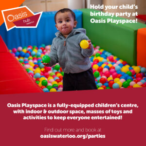 Child playing at children's centre, with text explaining how to book a children's party